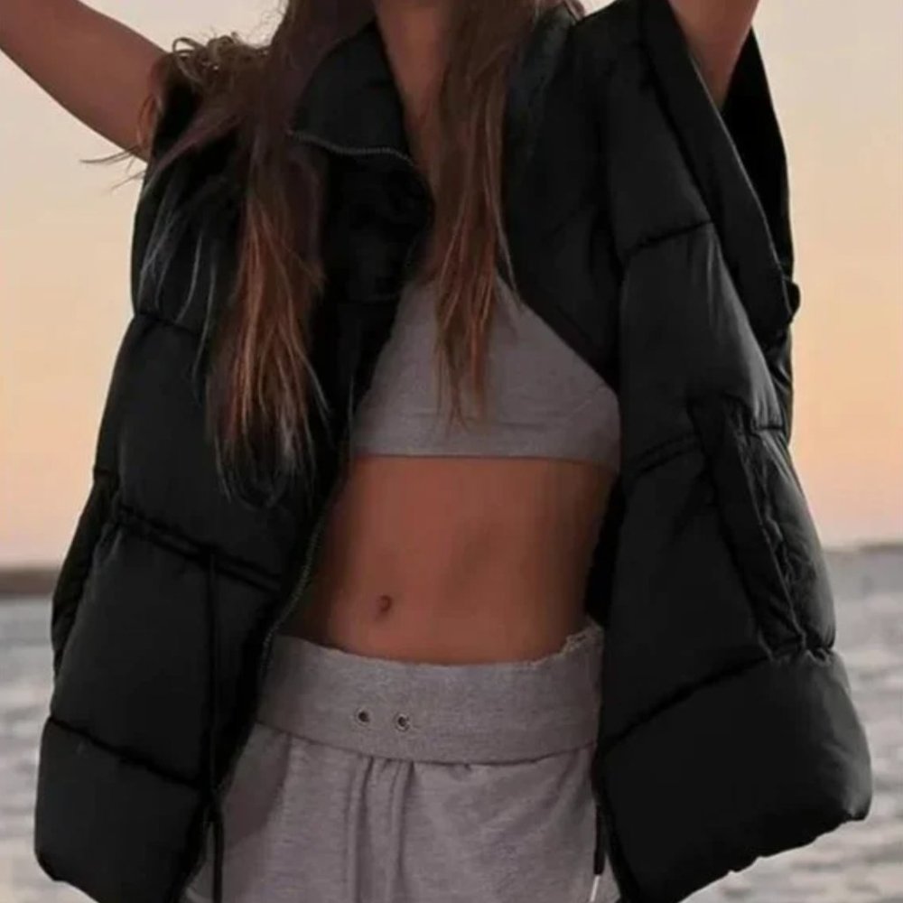 LAST CHANCE Free People Inspired Black Oversized Drawstring Waist Puffer Vest